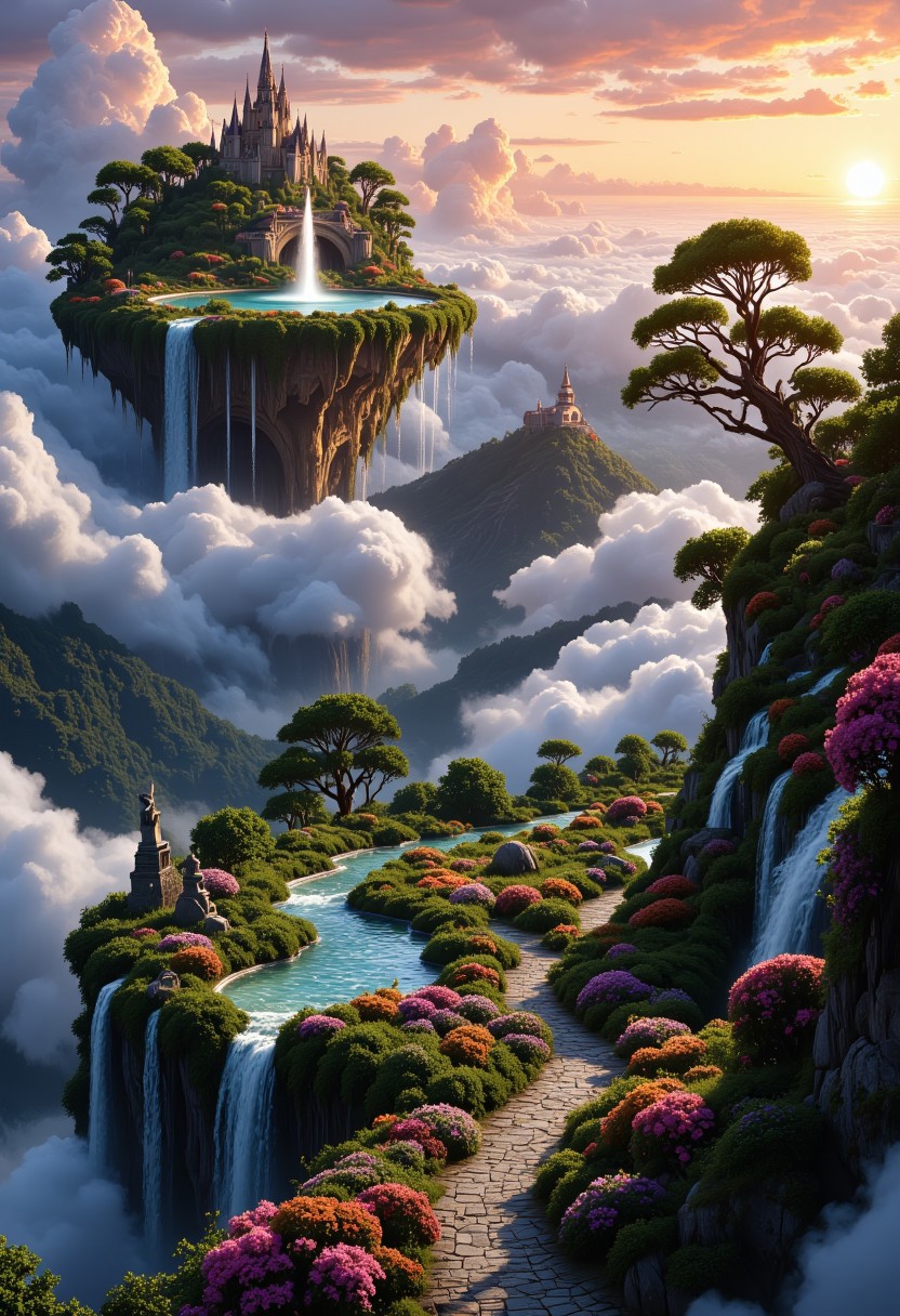 High above the clouds, a lush island floats peacefully, its edges surrounded by waterfalls cascading down into the sky below. The island is covered in vibrant greenery, with exotic flowers in every color imaginable, and tall trees whose branches sway gently in the breeze. At the center of the island, a large stone fountain spills crystal-clear water into a reflective pool. Nearby, a winding path made of smooth cobblestones leads past blooming bushes and into a garden filled with statues of mythical creatures. In the distance, a small, majestic castle sits atop a hill, its towers reaching towards the sun. The skies around the island are painted with the soft orange and pink hues of the setting sun, casting a warm glow over the entire scene.
