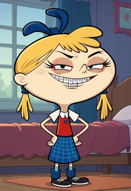 score_8, score_8_up, score_7_up, 1girl, female focus, Solo, Amanda_BiaB, pale skin tone, black eyes, blonde hair, two little pigtails with blue bands, freckles, three long eyelashes, brakes, dark blue bow on head, white T-shirt, sleeveless red vest, plaided blue skirt, light blue socks, black shoes, full body, smug face, standing, indoors, bed, bedroom, nightstand, lamp, window, looking at the viewer, big smile, hands on hips