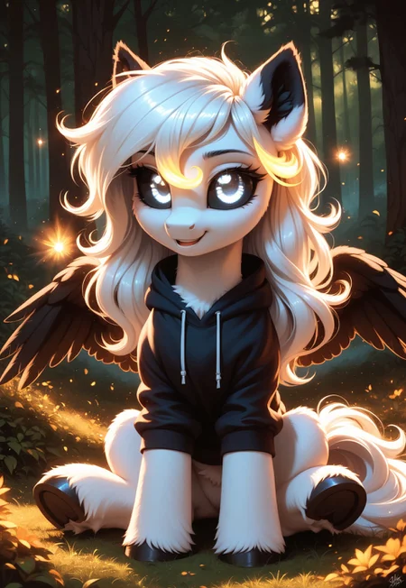 score_9, score_8_up, score_7_up, score_pony, zPDXL3, fluffy, masterpiece, best quality, ultra-detailed, 8K UHD, cinematic lighting, hyper realistic shading, volumetric light, high contrast, HDR, depth of field, intricate textures, finely detailed fur 
BREAK
Albina, wild pony, (pony:1.2), white fur, white long hair, black sclera, (glowing white eyes:1.2), black wings, sitting by the fire, in a hoodie, in a hood, in the background a magical forest, night, (black ears:1.3)
 BREAK 
(masterpiece:1.3), (best quality:1.3), (highly detailed:1.3), (ultra-detailed face:1.4), (sharp expressive eyes:1.3), (perfect anatomy:1.2), (realistic lighting:1.2), (dynamic shadows:1.1), (hyper-detailed fur texture:1.4), (soft lighting:1.3), (Unreal Engine 5 render style:1.3), (cinematic depth of field:1.2), (4k resolution), (beautifully color graded:1.1), (smooth shading), (glowing highlights:1.2), (crispy lineart)
