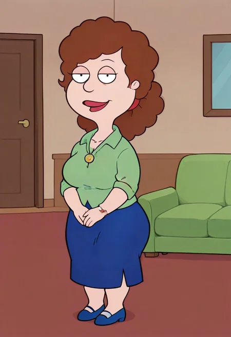 score_9, score_8_up, score_7_up, score_6_up, high quality, rounded eyes, style parody, cartoon style, 1girl, solo, living room, couch, indoors,
BREAK
unnamed girl, brown hair, black eyes, (mature female:1.5), (plump:1.2), large breasts, gigantic ass, gigantic hips, green sweater, rolled up sleeves, blue skirt, navy blue shoes, own hand together, smile, looking at viewer, long skirt, half-closed eyes, necklace,