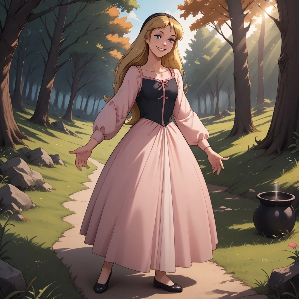 score_9, score_8, BREAK, solo, blonde hair, black hairband, blue eyes, black bodice, light pink long sleeves, pink long skirt, black flats, Eilonwy_(The_Black_Cauldron), sexy pose, self portrait, smile, outdoors, sunlight, shadows, evening lighting, natural lighting, forest, trees, grass, orange sky, sunset