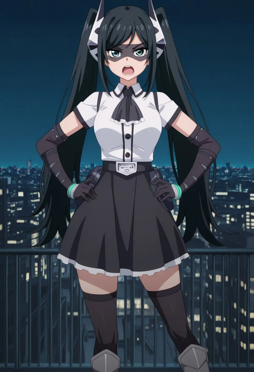 masterpiece,perfect quality,best quality,absolutely eye-catching,absurdres,highres,newest,anime coloring, anime screencap,(1girl,solo),PiltzHero, black hair, long hair, twintails, green eyes, mask, elbow gloves, black skirt, shirt, black thighhighs, boots, hands on hips, contrapposto, v-shaped eyebrows, open mouth, looking at viewer, city, skyline, night, tokyo, rooftop,