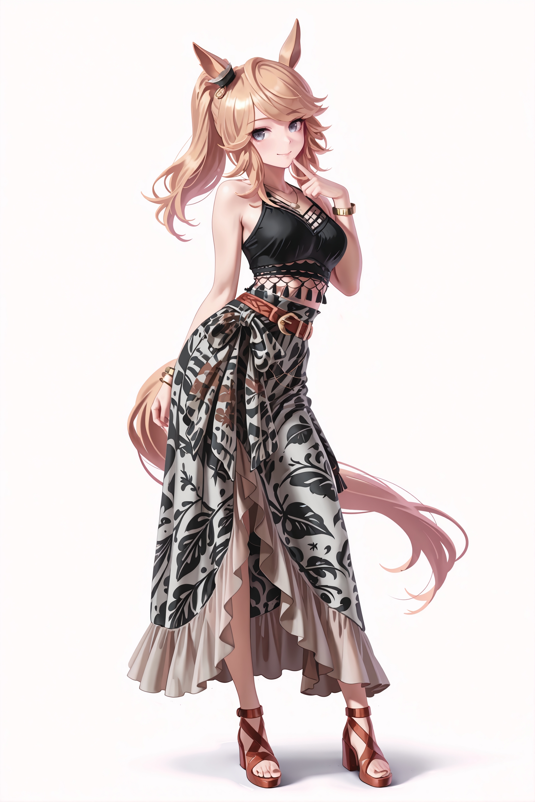 1girl, solo, gold city \(boho flare\) \(umamusume\), horse girl, horse tail, umamusume, blue eyes, bracelet, skirt bow, 
jitome, smile, 
standing, contrapposto, finger to chin, 
white background, 
full body, looking at viewer, <lora:bohoflareillv1:0.9>, masterpiece, best quality, amazing quality, very aesthetic, absurdres, highres, newest, <lora:xl_saturation_slider:0.1>, <lora:illustriousXLv01_stabilizer_v1.164:0.4>, <lora:reduce_wrinkles_illstriouosv0.1_ADDifT_2_in_1_v1.2:0.9>,