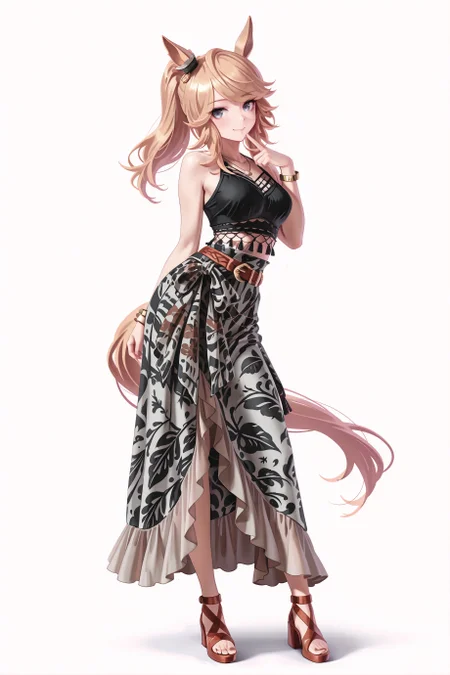 1girl, solo, gold city \(boho flare\) \(umamusume\), horse girl, horse tail, umamusume, blue eyes, bracelet, skirt bow,
jitome, smile,
standing, contrapposto, finger to chin,
white background,
full body, looking at viewer, <lora:bohoflareillv1:0.9>, masterpiece, best quality, amazing quality, very aesthetic, absurdres, highres, newest, <lora:xl_saturation_slider:0.1>, <lora:illustriousXLv01_stabilizer_v1.164:0.4>, <lora:reduce_wrinkles_illstriouosv0.1_ADDifT_2_in_1_v1.2:0.9>,
