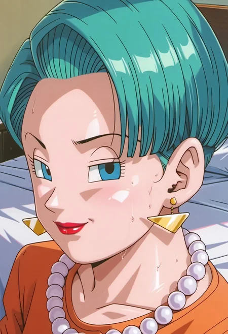 score_9, score_8_up, score_7_up, realistic, realism, HD, perfect quality, 16k, very detailed, realistic lighting, detailed face, BREAK, (((good_hands))), (((perfect eyes, bedroom eyes, (light smile:0.5)))), Dragon Ball GT, BREAK, solo, 1girl, (((BulmaGT, aqua hair, blue eyes, short hair, pearl necklace, red lips, makeup))), eye_focus, ((big breasts, big ass)), (bedroom eyes), (sweaty skin:1.2), looking at viewer, nervous, seductive, sensual, medium body size, slightly small neck, plumb body, voluptuous hips and thighs, curvy body size, microwaist, (obese female:-1.9), (plump saggy breasts:1.0), (feminine body, soft body:1.5), BREAK, 1girl, jewelry, solo, earrings, one eye closed, smile, short hair, pearl necklace, green hair, lipstick, looking at viewer, bead necklace, retro artstyle