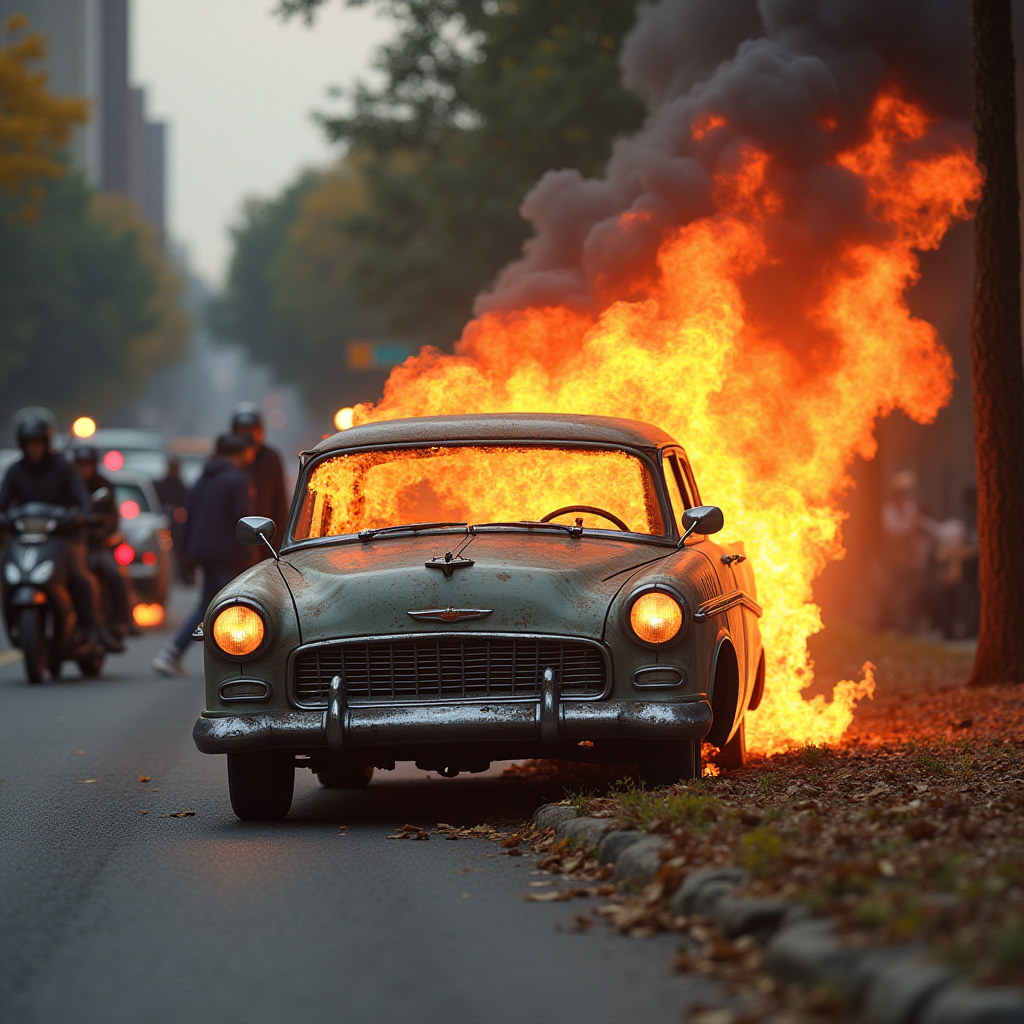 Hyperrealistic art  <lora:perfection style v1:1> sharp focus, detailed edges, 
A perfect photo of a car is on fire in a street,multiple girls,hat,outdoors,multiple boys,tree,fire,ground vehicle,building,motor vehicle,6+boys,sign,car,road,police,street,road sign,photo background , detailed face, detailed body, detailed hands, detailed eyes, detailed nose, detailed ears, detailed hair, detailed, perfection, detailed teeth, detailed skin texture, wrinkly, detailed fingers, detailed mouth, beauty, realism, real, detailed hair, detailed pores, detailed background, sharp image, detailed lips, different race, different color, different haircut, different skin tone, different, different people, different pose, perfection style . Extremely high-resolution details, photographic, realism pushed to extreme, fine texture, incredibly lifelike