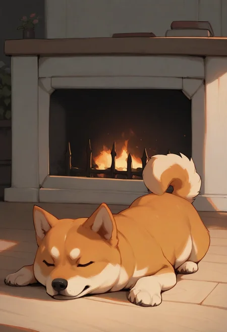 masterpiece, best quality, stylized, no humans, dog, shiba inu, on stomach, wooden floor, fireplace, indoors, light