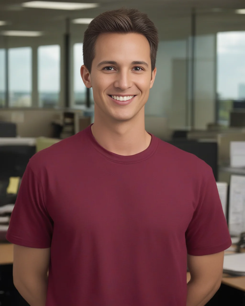 front view shot, portrait,
man, short hair,
brown hair, brown eyebrows, forehead,
red tshirt,
standing in office
<lora:detailedeyebrows_v0_5:0.8>