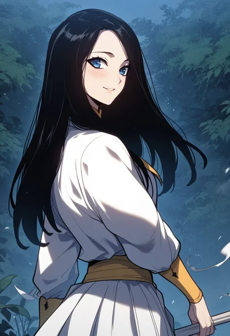 zPDXL3, score_9_up, score_8_up, score_7_up, (Anime_source), 1girl, TYongSeolLan, blue eyes, black hair, long hair, looking back, Seol M.A. uniform, cowboy shot, looking at viewer, smile, little blush,