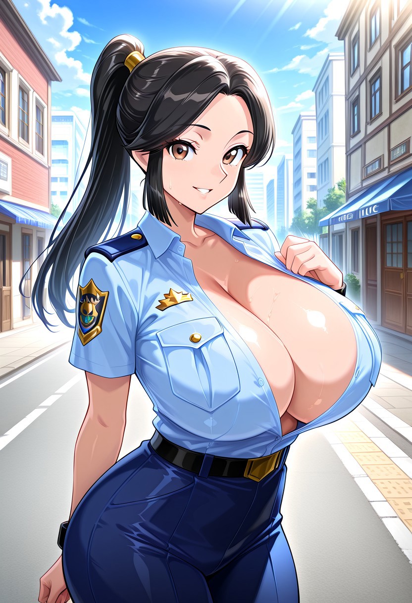 Best quality,masterpiece,soft light,official art,masterpiece,high quality,highres,absurdres,epic scene,natural textures,highest quality, detailed,perfect_eyes,
Isowashi haya, huge breasts, big ass, curvy, black hair, long_ponytail, Venusbody, brown eyes
Police uniform, street,standing,looking at viewer, cowboy shot, smile,parted lips