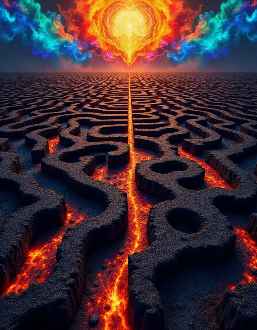 A labyrinth of burned patches forms an impossible, ever-shifting maze, where the walls are a swirling tapestry of ashy, charred edges outlined in shimmering, iridescent hues. Each turn reveals kaleidoscopic shapes like flowers, eyes, and faces emerging from the burned ground, their details morphing and blending into one another. The sky above is a liquid swirl of colors, dripping like paint and casting prismatic reflections onto the maze's dark, scorched pathways.
<lora:ral-brndptch_000002000:1>