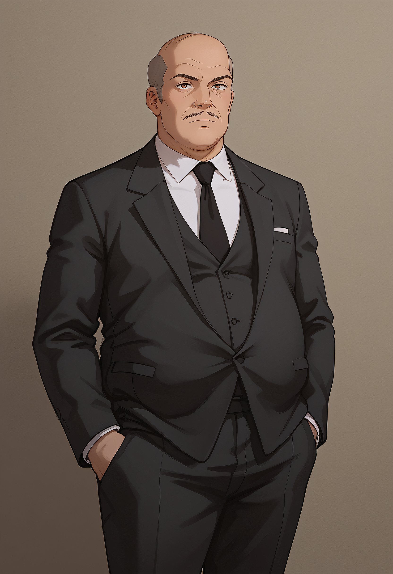 embedding:Pony\Positive\zPDXL3, score_9, score_8_up, score_7_up, 1boy, jerry_ts!, bald, grey hair, brown eyes, slim, mustache, facial hair, black suit, formal, tie, fat, chubby, fatty Jerry, cowboy shot, hands in pocket, high resolution, masterpiece.