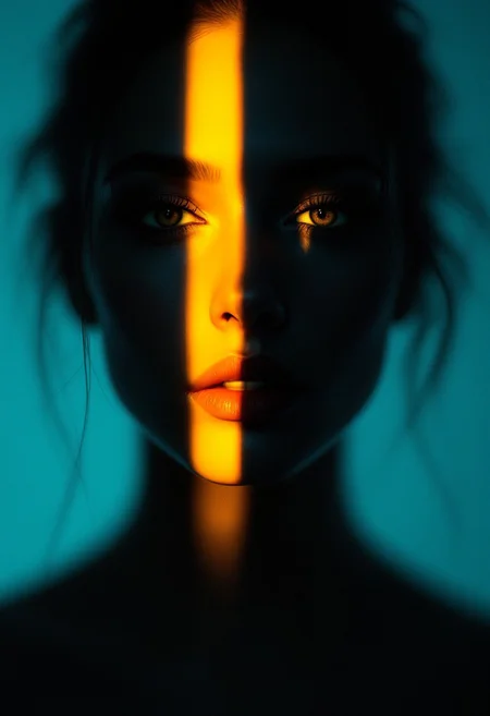 The focus is on a portrait in a minimalist, modern style. Use a strong contrast between light and shadow, with a warm, golden streak of light running across the eyes and the rest of the face surrounded by deep shadows. The background should have a soft color palette of cool blues and turquoise tones to convey calm and mystery. The subject's eyes should appear sharp and intense, with a slight reflection of the light that adds a touch of mysticism and emotion. Keep the overall image atmospheric and cinematic, with subtle details that emphasize the balance between abstraction and realism.