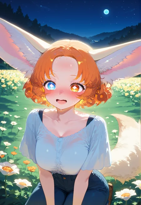 score_9_up, score_8_up,score_7_up masterpiece, best quality, amazing quality, very aesthetic, absurdres, newest, scenery, detailed hair, 1girl, solo girl, cowboy shot, flower field, night, fireflyes,
<lora:Zara_Orange_Pony_V2.0:1> Zara Orange, fennec girl, fennec tail, heterochromia eyes, rhombus shaped pupils,(((adult))), short curly hair, bangs, short hair, dreamy expression, , light blushing, kneeling, open mouth,