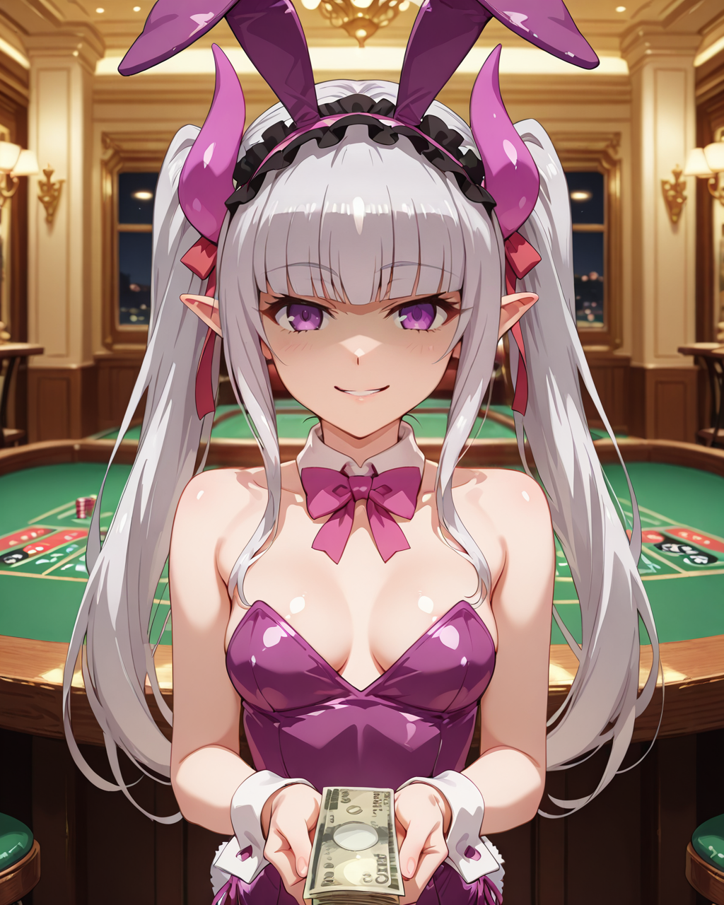 masterpiece,best quality,very aesthetic,anime screen,
shiny skin,
BREAK
indoors,casino,table,
BREAK
shelia,1girl,solo,horns,grey hair,small_breasts,blunt bangs,bangs,long_hair,purple eyes,pointy_ears,twintails,
black strapless leotard,playboy bunny,rabbit ears,fake animal ears,rabbit tail,leotard,wrist cuffs,fishnets,pantyhose,
yandere,evil smile,shaded face,
<lora:Shelia_Illustrious:1>,
BREAK
pov,holding money pov,POV giving money,close-up hands exchanging cash,realistic details,cinematic lighting,soft focus,natural gestures,