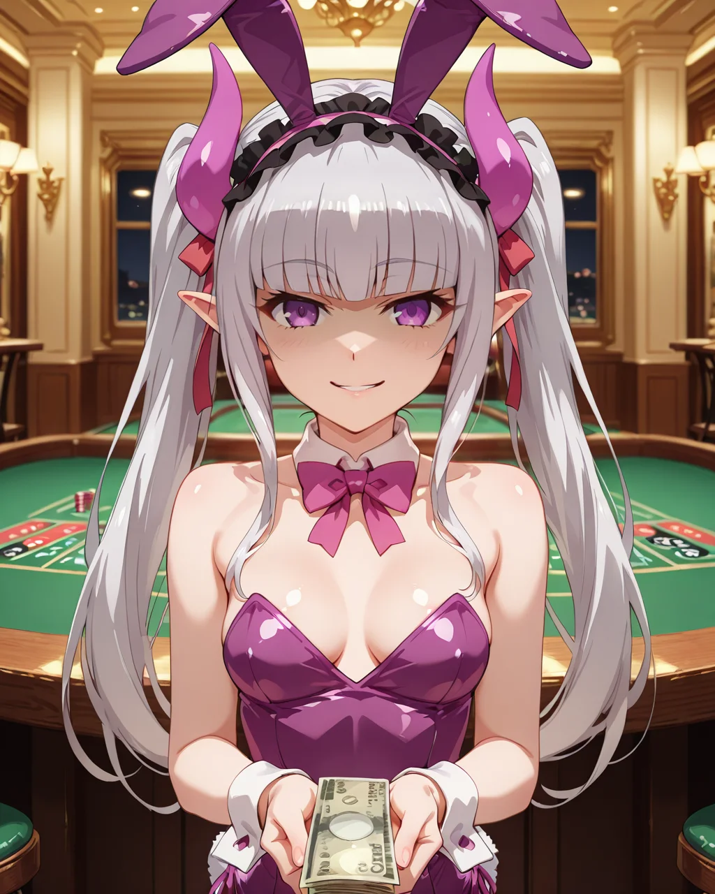masterpiece,best quality,very aesthetic,anime screen,
shiny skin,
BREAK
indoors,casino,table,
BREAK
shelia,1girl,solo,horns,grey hair,small_breasts,blunt bangs,bangs,long_hair,purple eyes,pointy_ears,twintails,
black strapless leotard,playboy bunny,rabbit ears,fake animal ears,rabbit tail,leotard,wrist cuffs,fishnets,pantyhose,
yandere,evil smile,shaded face,
<lora:Shelia_Illustrious:1>,
BREAK
pov,holding money pov,POV giving money,close-up hands exchanging cash,realistic details,cinematic lighting,soft focus,natural gestures,