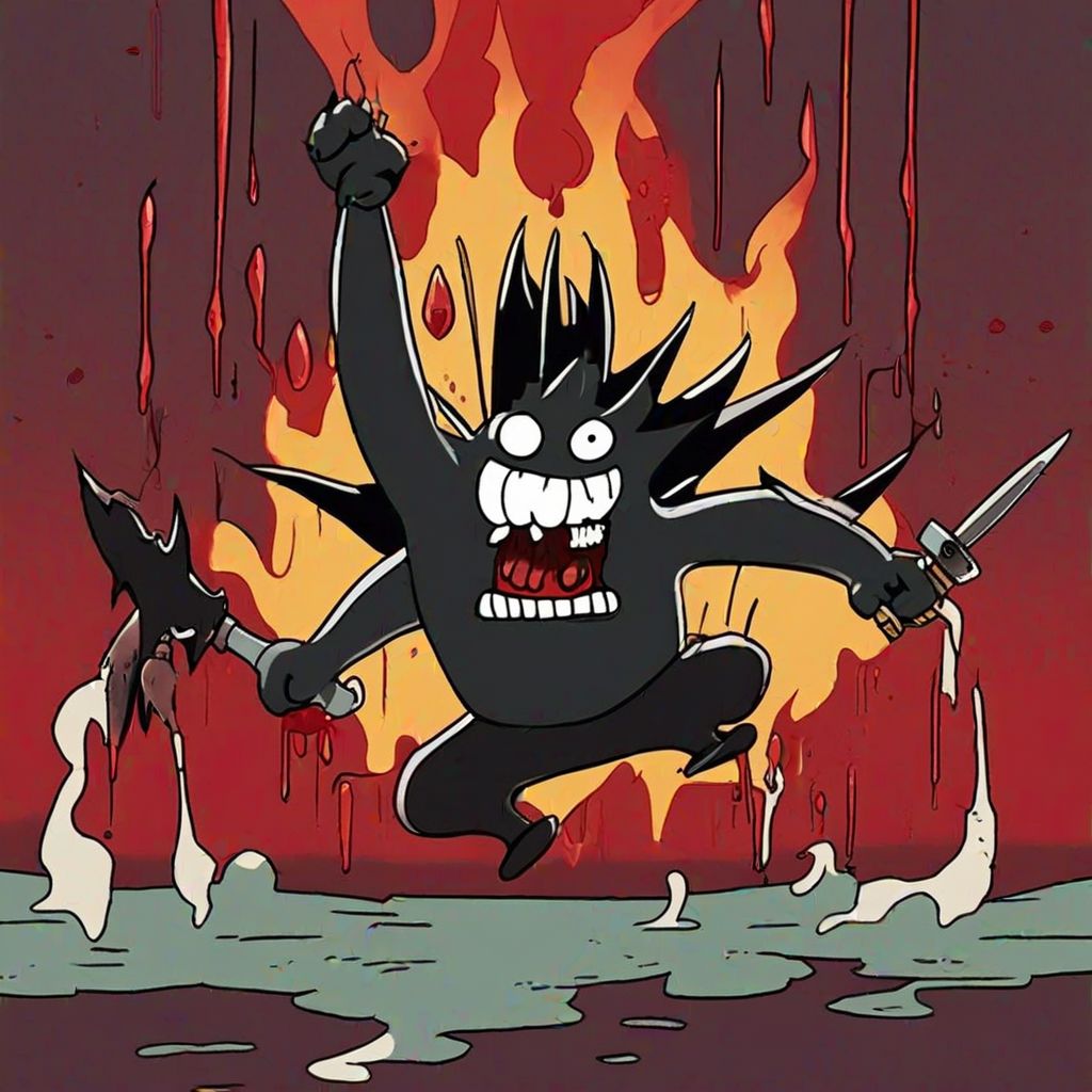 Big Black Spike monster holding Two Knife jump on air, Art of Hellper and Futurama, ((futurama style)), blood, dripping, dripping blood