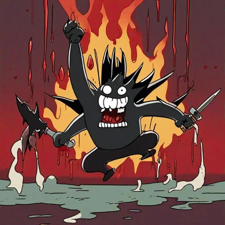 Big Black Spike monster holding Two Knife jump on air, Art of Hellper and Futurama, ((futurama style)), blood, dripping, dripping blood