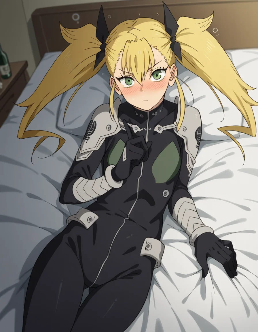 score_9, score_8_up, score_7_up, source_anime, <lora:kikoru-shinomiya-s1-ponyxl-lora-nochekaiser:1>, kikoru shinomiya, long hair, blonde hair, ribbon, twintails, green eyes, hair between eyes,, bodysuit, black bodysuit, indoors, bed, bed room, on side, blush, drunk, looking at viewer, solo,, cowboy shot, dutch angle