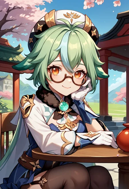 score_9, score_8_up, score_7_up, source_anime, 1girl, sucrosedef, orange eyes, green hair, multicolored hair, hair between eyes, long hair, ponytail, animal ears, glasses, semi-rimless eyewear, hat, beret, fur collar, vision (genshin impact), blue dress, gold trim, cape, long sleeves, white gloves, garter straps, black thighhighs, knee boots, white footwear, sitting, chair, table, head rest, elbow rest, smile, closed mouth, looking at viewer, outdoors, cherry blossoms, shrine, portrait, close-up, upper body, facing viewer, <lora:Sucrose_v1-000010:1>