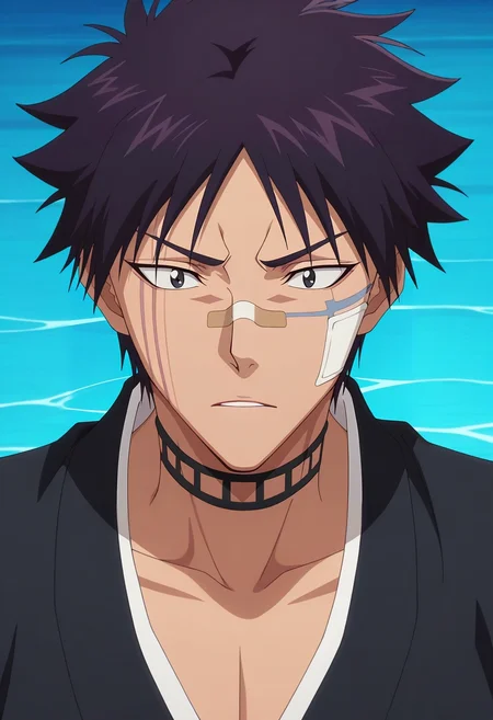 masterpiece, best quality, , anime screencap, anime coloring, official style, , 1boy, solo, male focus, <lora:shuuhei_hisagi_ilxl:0.9>, shuuhei_hisagi, black hair, black eyes, short hair, , tattoo, facial mark, bandaid on nose, scar on face, , choker, Titanic voyage, grand deck, billowing sails, icy waters, gazing pose, awe-struck expression, cold moonlight,