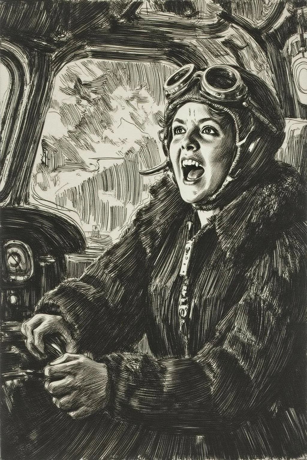 anzo1 black and white etching.
A female pilot screaming inside the cockpit of a World War II bomber. The pilot, wearing a vintage leather flight helmet with goggles and a bomber jacket, grips the controls with white-knuckled hands. Her face is contorted in a mix of fear and determination as she yells, her eyes wide with adrenaline. The cockpit is cramped and filled with old-fashioned dials and gauges, with the outside view showing dark stormy clouds and distant anti-aircraft fire <lora:anzo1_nocap_d6a3:1.0><lora:815136118199785224:0>
