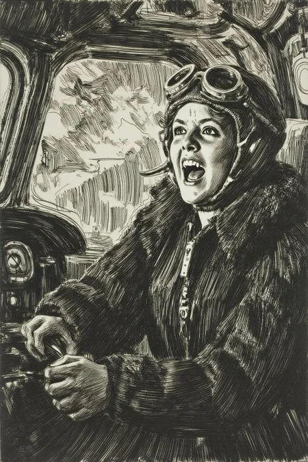 anzo1 black and white etching.
A female pilot screaming inside the cockpit of a World War II bomber. The pilot, wearing a vintage leather flight helmet with goggles and a bomber jacket, grips the controls with white-knuckled hands. Her face is contorted in a mix of fear and determination as she yells, her eyes wide with adrenaline. The cockpit is cramped and filled with old-fashioned dials and gauges, with the outside view showing dark stormy clouds and distant anti-aircraft fire <lora:anzo1_nocap_d6a3:1.0><lora:815136118199785224:0>