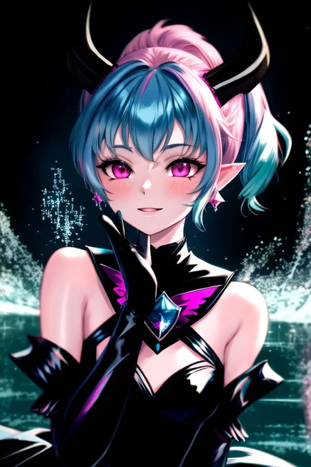 EvlSM, DarkPrecure, Bad_End_Precure, CorruptA, Corrupt_Girl, professional image of a cute young woman, (frilly elegant glossy dark holographic dress, crescent brooch, crescent earrings, crescent accessories:1.2),
(blue water dragon horns, blue water dragon tail:1.3), (short hair, side ponytail, hair above cheeks, light blue hair with light pink hairtips, gradient hair, multicolored hair:1.4), red eyes, (small breasts, cute face, pointy ears, evil laugh, evil eyes, corrupted:1.1), (sparkles, sparkling clothes, sparkles near eyes:1.3),
(intricate aquatic background, underwater, sparkling water, ocean floor, corral reef, bubbles:1.2), 
(ultra wide angle shot, cinematic style, absurdres, incredibly absurdres, huge filesize, extremely detailed, High quality texture, physically-based rendering, Ray tracing, octane render, sharp focus, (8k), (4k), (Masterpiece), (Best Quality), extremely detailed, intricate, hyper detailed, illustration, soft lighting, high resolution, sharp detail,)