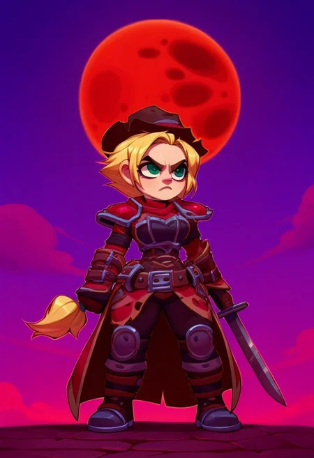 [score_9, score_8_up, score_7_up, <lora:Smooth Anime Style LoRA XL:1>, anime style, dark fantasy, 1girl gnome, short stature, big eyes, big ears, green eyes, long blonde hair, (shortstack:1.3), (medium breasts:1.1), round breasts, wearing armor,wearing hat, shoulder armor,skull emblem on shoulder, (gloomy empty streets, dark forests, moon in the sky:1.6), Cold and angry, seductive gaze, fighting posture, (She holds a two-handed sword in her hands:1.9), bedroom eyes, solo, <lora:OtherStyle_03:1> <lora:Round_Breasts_XL_XV7:0.8>