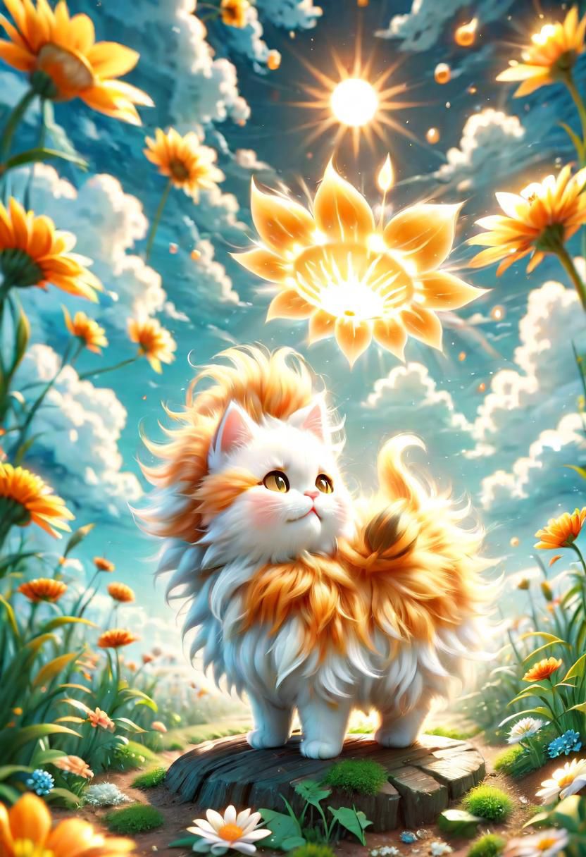 ral-fluff,<lora:ral-fluff:1>,
chibi,masterpiece,best quality,original,official art,cat,flower,blurred background,cartoon rendering,beautiful detailed glow,(detailed ice),beautiful detailed sun,sunny, blurred flower, happy, big grin