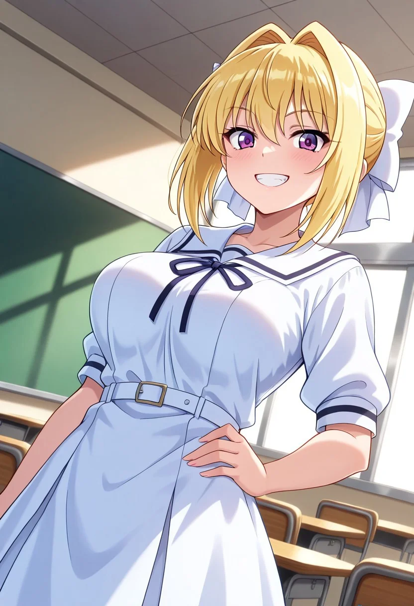 general,highres, ultra-detailed,very aesthetic,best quality ,best hands,best eyes,easynegative,
dynamic anglre, dutch angle, anime cloring,
1girl solo,looking at viewer,smile,school, teeth, hand on hip,
Toire no Hanako-san no Tsubaki-san,blonde_hair, hair ribbon, white ribbon, purple eyes, large_breasts, short body,white dress,