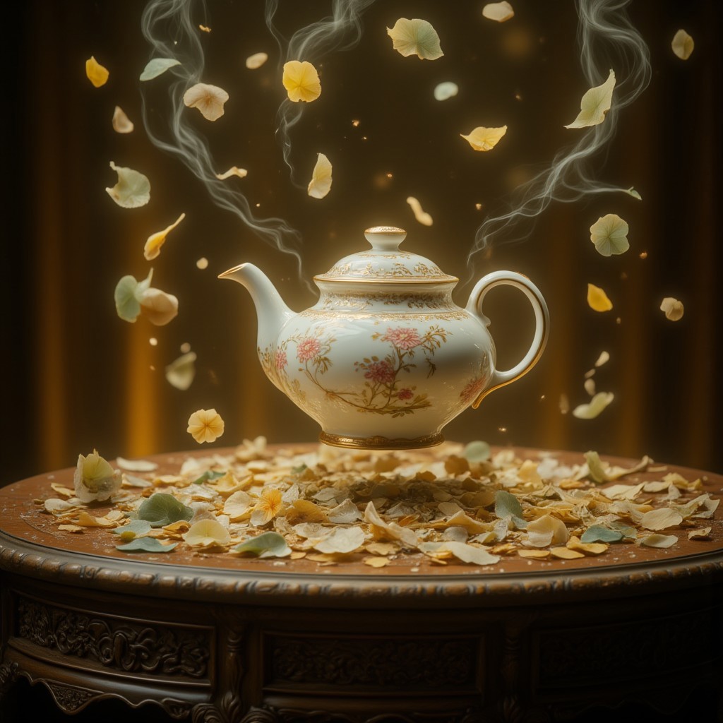 Improved cinematic photo, 35mm photograph, film, professional, 4k, highly detailed, aidmaMJ6.1,
A levitating teapot surrounded by floating, glowing tea leaves,
The teapot is finely crafted from porcelain, with intricate floral patterns hand-painted along its curved surface. It levitates gently above an ornate, dark wooden table, suspended by an invisible force. Surrounding it are delicate tea leaves, glowing softly with hues of golden yellow and emerald green, floating and swirling in the air like ethereal wisps of smoke.
The tea leaves emit a faint glow, casting light across the table’s surface, which is adorned with rich textures of wood grain and tiny droplets of tea that shimmer as they catch the light. The background is a soft blur of warm amber tones, evoking the cozy, inviting atmosphere of an old-fashioned tea room. The composition evokes a sense of tranquility, blending the charm of a simple ritual with the surreal, otherworldly beauty of the floating elements, offering a peaceful and enchanting atmosphere.