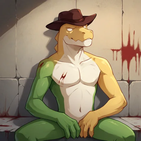 score_9, score_8_up, score_7_up, BREAK solo, 1boy, male focus, detailed background, gummigoo, shot, blood, bleeding wound, sitting behind a wall,