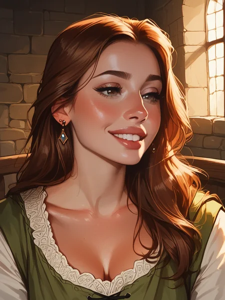 Score_9, score_8_up, score_7_up, realistic, bignoselady, medieval era, mature woman, <lora:Big_Nose_Ladies:.88>, bignoselady, large nose, aquiline, (nose bump), 1girl, solo, jewelry, tiny breasts, cleavage, sagging breasts, drooping breasts,, earrings, brown hair, fringe bangs, very long hair, loose tunic, lowcut tunic, parted lips, bow shaped lips, cupids bow, perfect teeth, moist lips, moist mouth, dewey, glow, backgrond is medieval castle interior