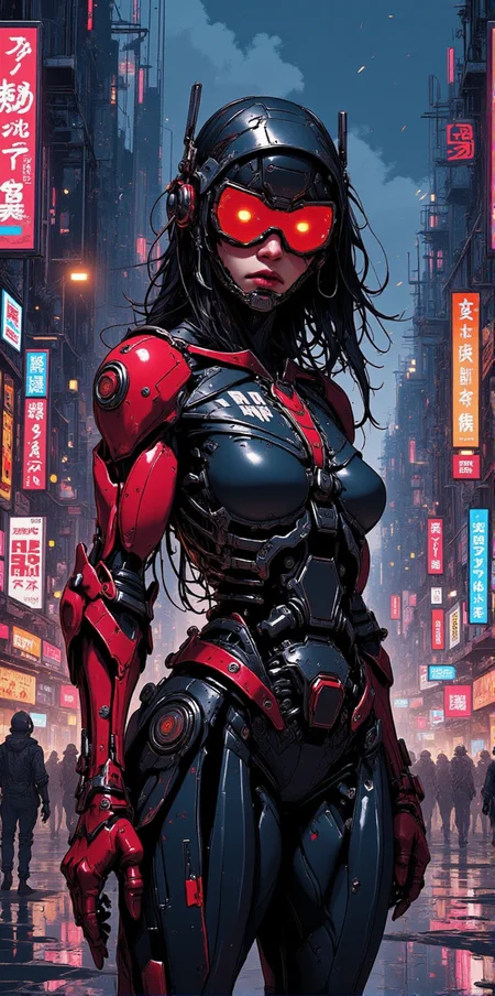 amazing cyberpunk anime artwork, thin lines, sharp, cyborg girl as ninja assassin wearing black and red robotic body suit lurking in the shadows of cyberpunk city under neon lights<lora:BLUE_mk4_angel_FLUX_03:1.3> <lora:CPA:1> <lora:FLUXEvolyzedV1:1>