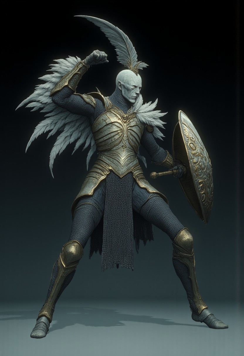 Standring in a hyper extended action pose
A feathered knight with a cape, holding a templar shield, and a gladiator sword
Set against a solid dark color background to emphasize its unsettling unnatural form that emphasizes its silhouette. The medium is not a traditional painting or illustrative medium like watercolor or ink but rather a digital 3D rendering.
MikeFranchinastyle, d4artstyle, d4concept, , bbstyle,, horror theme,, zbrush, ZBClay model of a gray sculpture, 1990's, 1990's style