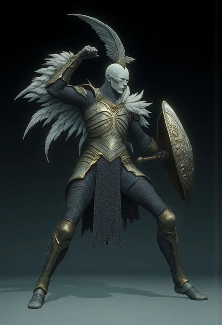 Standring in a hyper extended action pose
A feathered knight with a cape, holding a templar shield, and a gladiator sword
Set against a solid dark color background to emphasize its unsettling unnatural form that emphasizes its silhouette. The medium is not a traditional painting or illustrative medium like watercolor or ink but rather a digital 3D rendering.
MikeFranchinastyle, d4artstyle, d4concept, , bbstyle,, horror theme,, zbrush, ZBClay model of a gray sculpture, 1990's, 1990's style