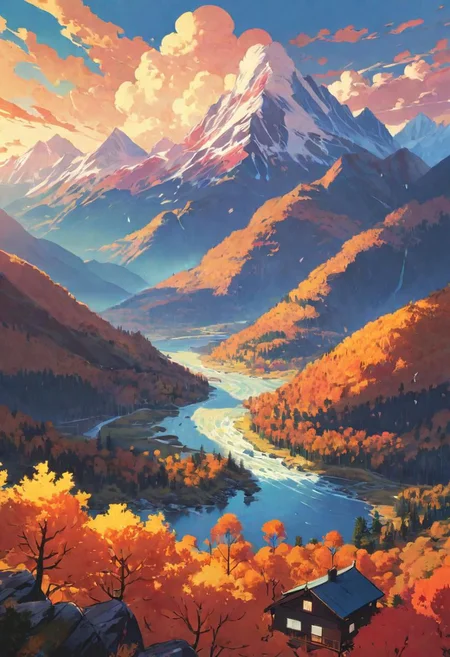 realistic photo of fjords, sunset, mountains, thunderstorms, river, thick, colorful forest, autumn, golden ratio, fake detail, trending pixiv fanbox, acrylic palette knife, style of makoto shinkai studio ghibli genshin impact james gilleard greg rutkowski chiho aoshima<lora:xl_more_art-full_v1:0.5>