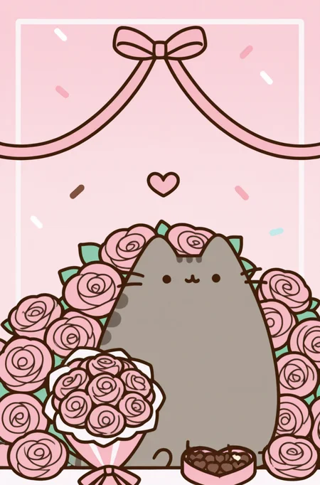 masterpiece, best quality,very aesthetic, bouquet of roses, chocolate box, love letters, dreamy background, pastel pink and white, Pusheen <lora:PusheenIXL:1>