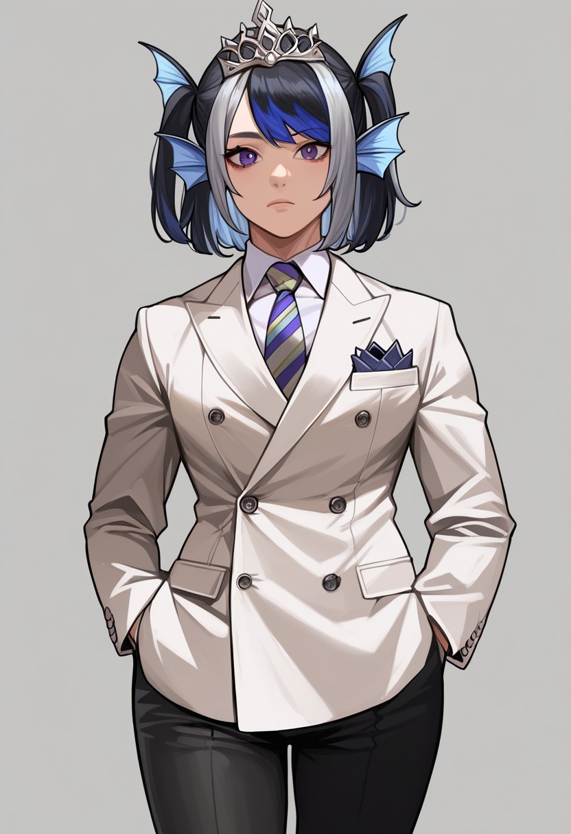 score_9, score_8_up, score_7_up, source_anime, hi res, masterpiece, best quality, highres, Metanoia_PS, 1girl, (curvy), ((wide hips)),, thick thighs, cute, , sexy, medium breasts, scheiren, grey hair, two side up, streaked blue hair, purple eyes, ear fins, tiara, head fins, double-breasted suits, 1boy, male focus, solo, necktie, formal, suit, grey background, looking at viewer, hands in pockets, pants, jacket, black hair, simple background, realistic, shirt, black pants, black eyes, standing, striped, collared shirt, white shirt, striped necktie, buttons, closed mouth, cowboy shot, short hair