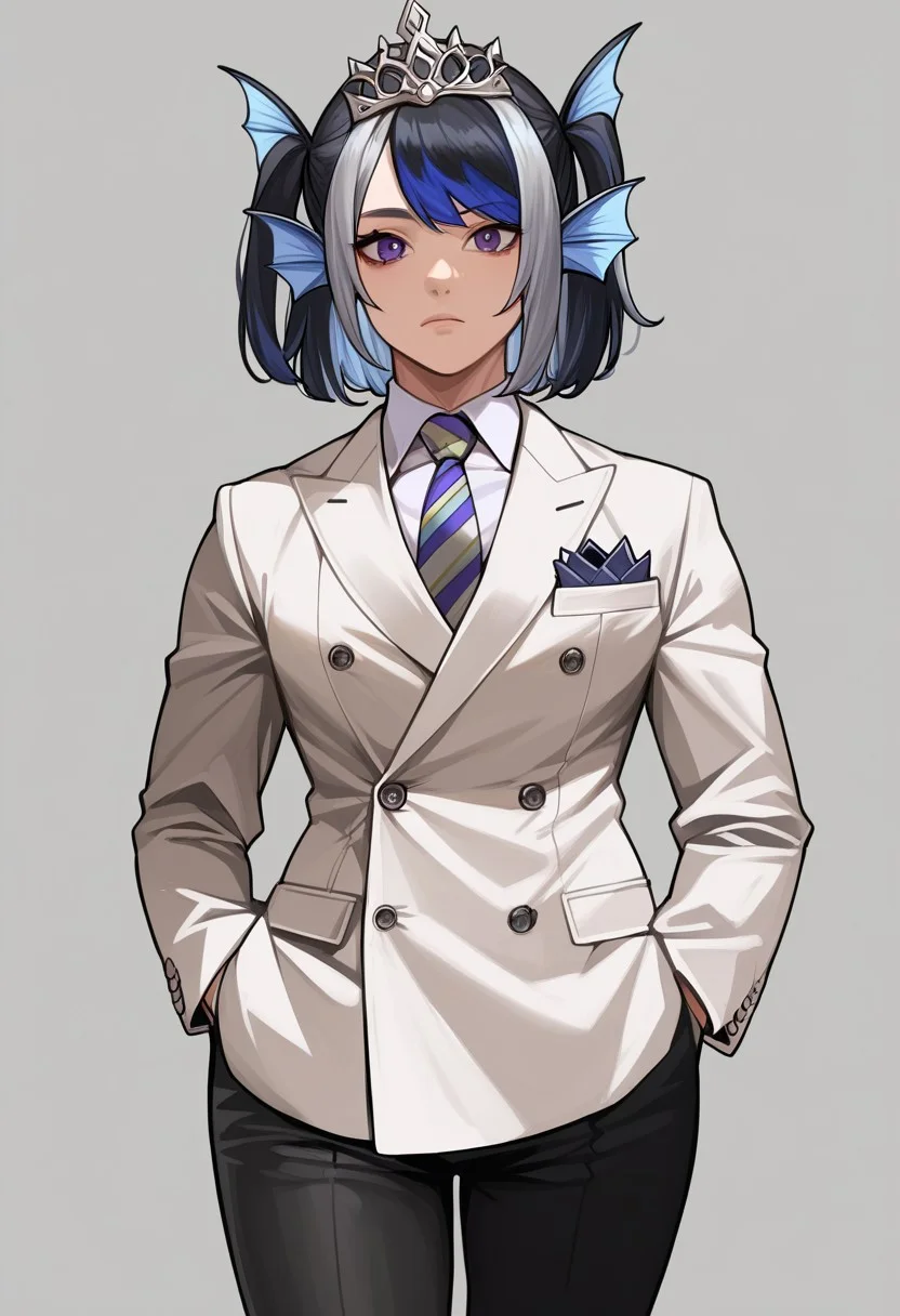 score_9, score_8_up, score_7_up, source_anime, hi res, masterpiece, best quality, highres, Metanoia_PS, 1girl, (curvy), ((wide hips)),, thick thighs, cute, , sexy, medium breasts, scheiren, grey hair, two side up, streaked blue hair, purple eyes, ear fins, tiara, head fins, double-breasted suits, 1boy, male focus, solo, necktie, formal, suit, grey background, looking at viewer, hands in pockets, pants, jacket, black hair, simple background, realistic, shirt, black pants, black eyes, standing, striped, collared shirt, white shirt, striped necktie, buttons, closed mouth, cowboy shot, short hair