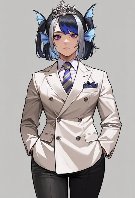 score_9, score_8_up, score_7_up, source_anime, hi res, masterpiece, best quality, highres, Metanoia_PS, 1girl, (curvy), ((wide hips)),, thick thighs, cute, , sexy, medium breasts, scheiren, grey hair, two side up, streaked blue hair, purple eyes, ear fins, tiara, head fins, double-breasted suits, 1boy, male focus, solo, necktie, formal, suit, grey background, looking at viewer, hands in pockets, pants, jacket, black hair, simple background, realistic, shirt, black pants, black eyes, standing, striped, collared shirt, white shirt, striped necktie, buttons, closed mouth, cowboy shot, short hair