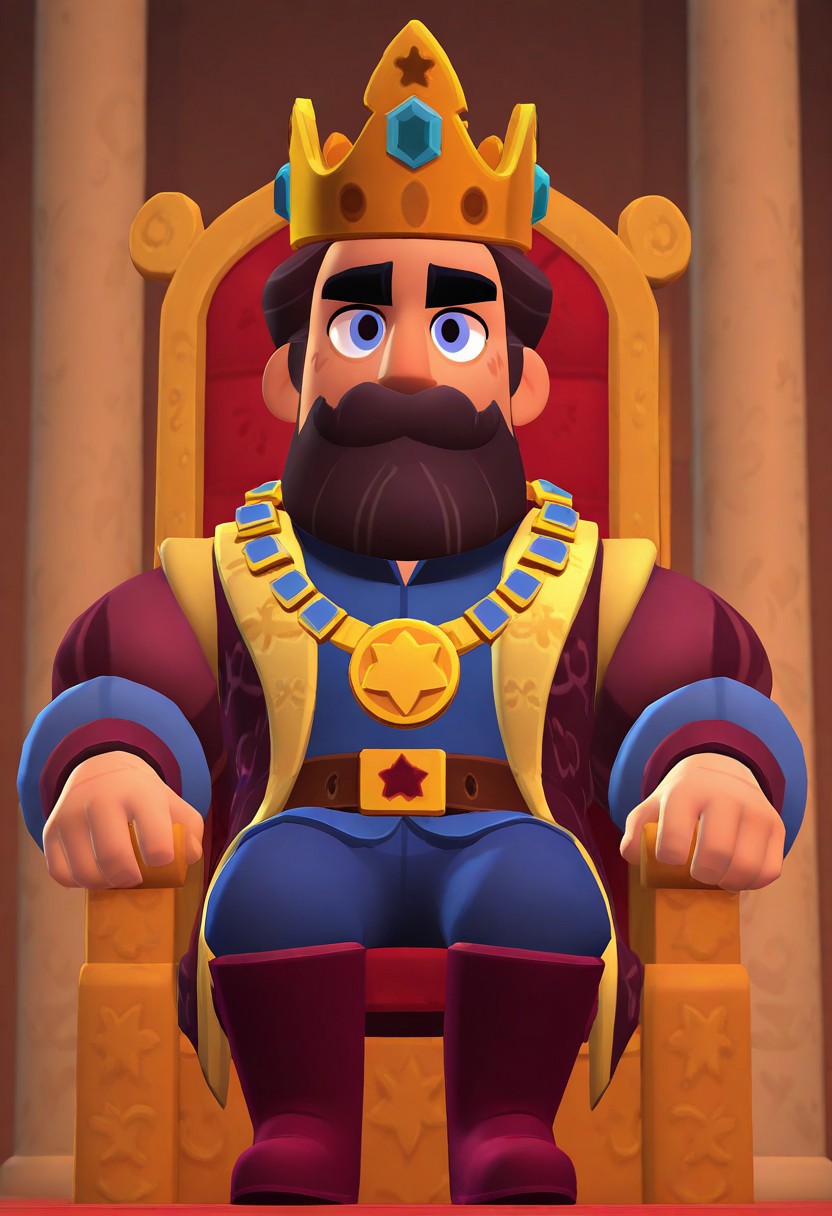 masterpiece, good quality, best quality, very awa, very as2, absurdres, highres, 3d,
<lora:Brawl Stars StyleIlluLYCO:1.4>brwlstrs, 3d, yhroan room, sitting on throne,
KingFrederic, short hair, greying brown hair, blue eyes, beard, mustache, mature male, crown, jeweled necklace, medallion, dark-maroon coat, blue long sleeve shirt, puffy sleeves, belt, blue pants, boots,