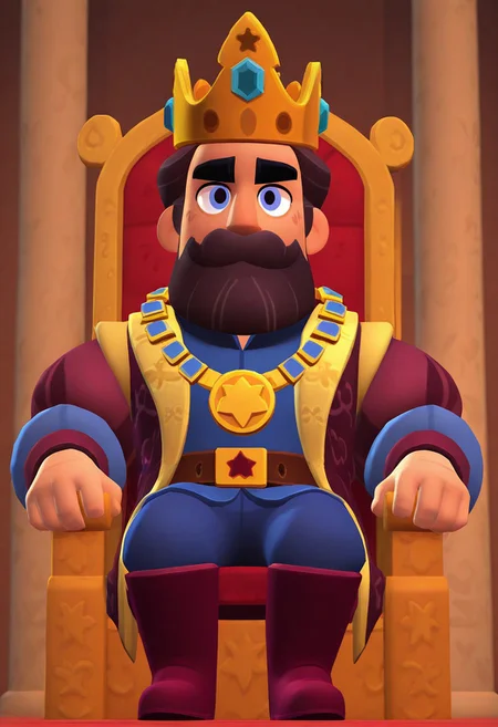 masterpiece, good quality, best quality, very awa, very as2, absurdres, highres, 3d,
<lora:Brawl Stars StyleIlluLYCO:1.4>brwlstrs, 3d, yhroan room, sitting on throne,
KingFrederic, short hair, greying brown hair, blue eyes, beard, mustache, mature male, crown, jeweled necklace, medallion, dark-maroon coat, blue long sleeve shirt, puffy sleeves, belt, blue pants, boots,