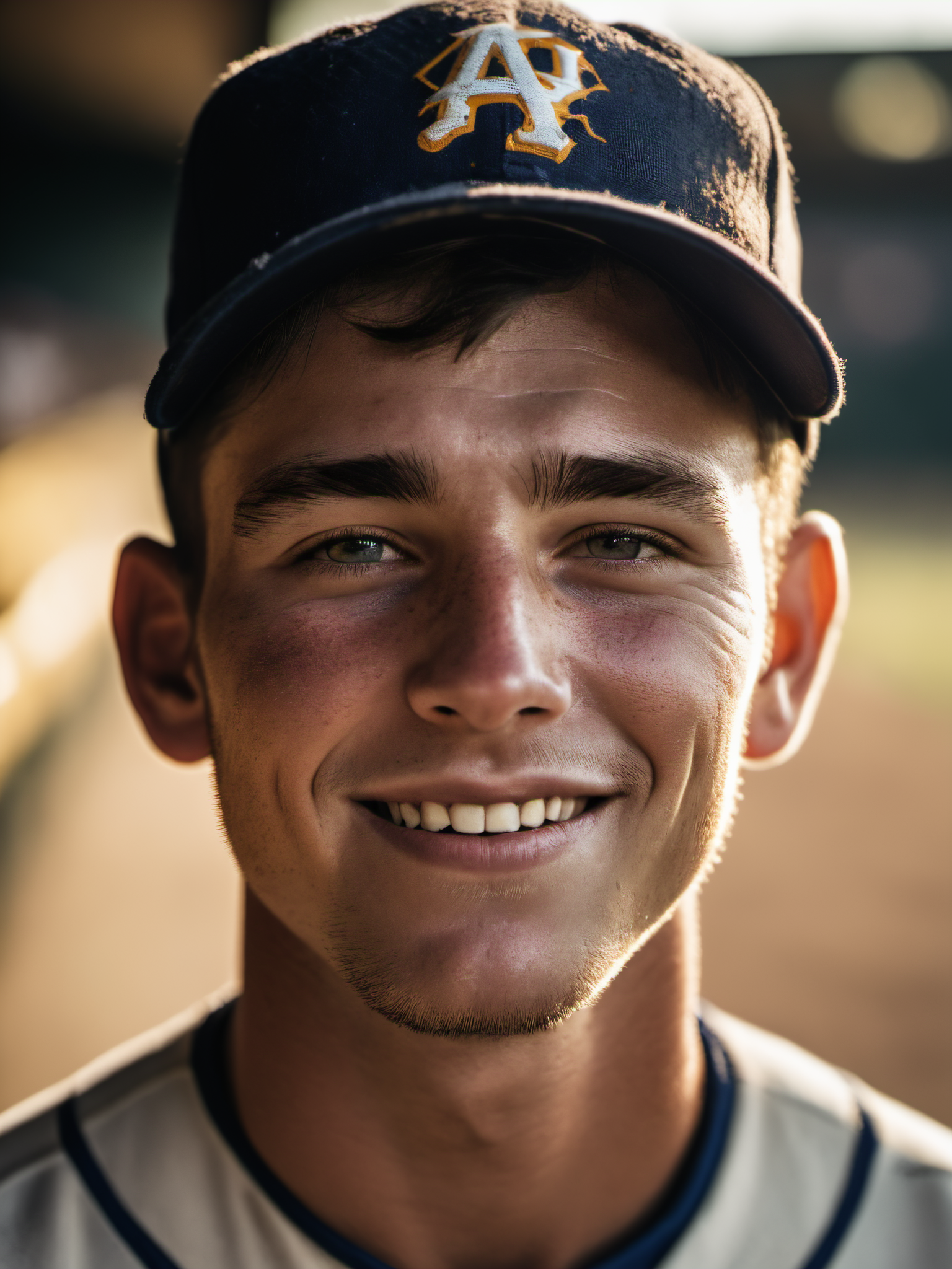 photograph of a baseball player,(cocky smile:1.1),textured skin,goosebumps,baseball uniform,distressed uniform,long sleeves,(golden hour,chiaroscuro:1.1),cowboy shot,in the dugout looking at the field,perfect eyes,Porta 160 color,shot on ARRI ALEXA 65,bokeh,sharp focus on subject,shot by Don McCullin,