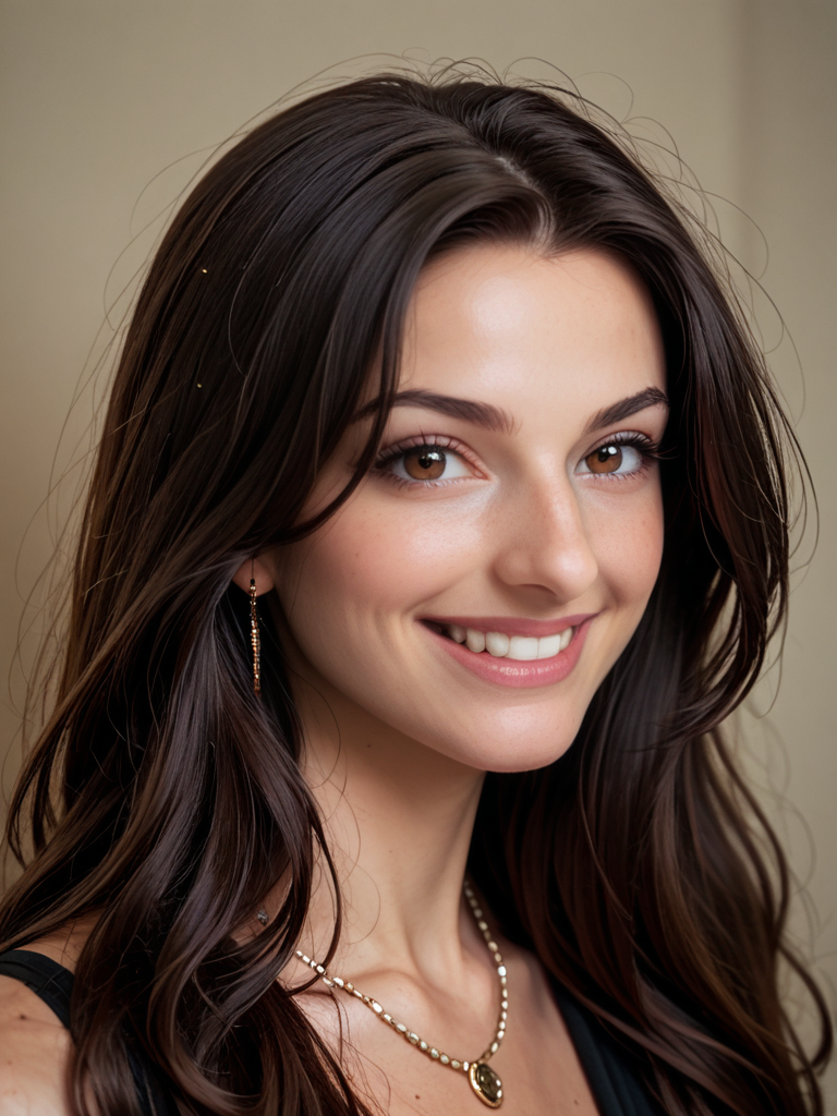 Score_9, score_8_up, score_7_up, bignoselady, large nose, aquiline,  <lora:Big_Nose_Ladies:.8>, 1girl, solo, smile, jewelry, necklace, black hair, long hair, grin, looking at viewer, brown eyes, profile