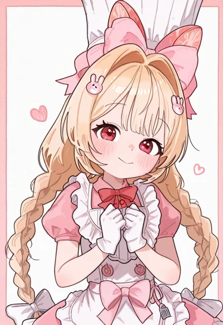 score_9, score_8_up, score_7_up, PossuStyle, 1girl, solo, portrait, cute, adorable, crust (nikke), blonde hair, twin braids, long hair, hair bow, hair ornament, chef hat, pink dress, white apron, white gloves, bow, ribbon, red eyes, petite, flat chest, narrow waist, looking at viewer, blush, smile, happy, embarrassed,