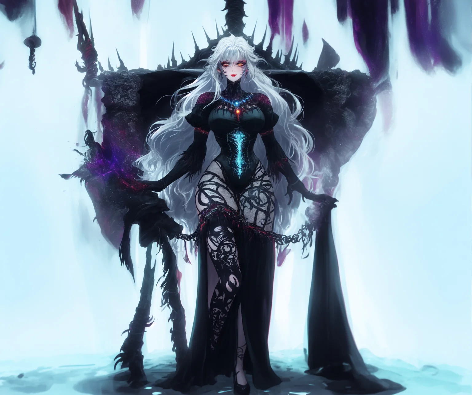 a [goth |barbarous |mysterious] [mature |young] gothic female with [curvy |thick |tone |curvy |thick |muscle] figure wearing [goth clothes | western clothes |intricate clothes |corset |loose sleeves] mix [dress |frill dress |indicate dress |belt |frill |cotton dress |short dress] and [lustful eye |creepy eyes |beautiful eye] red iris mix [lush lips | perky lips] and with white and black hair mix with light blue streaked hair, long hair [ hair over eye |braid | wavy hair] mix [messy hair |curly hair |messy hair] and [pointy ear |elf ears |long ears] and [star print |flower print] on clothes and wearing [make up |scaly | jewelry] , intricate tattoos, ((asymmetrical pose)), make up, blush, chromatic aberration, illustration, (full length full body:1.8)
((dark souls:1.5)), ((detail background:1.2)), ((landscape)),   <lora:dark  souls4:0.35>