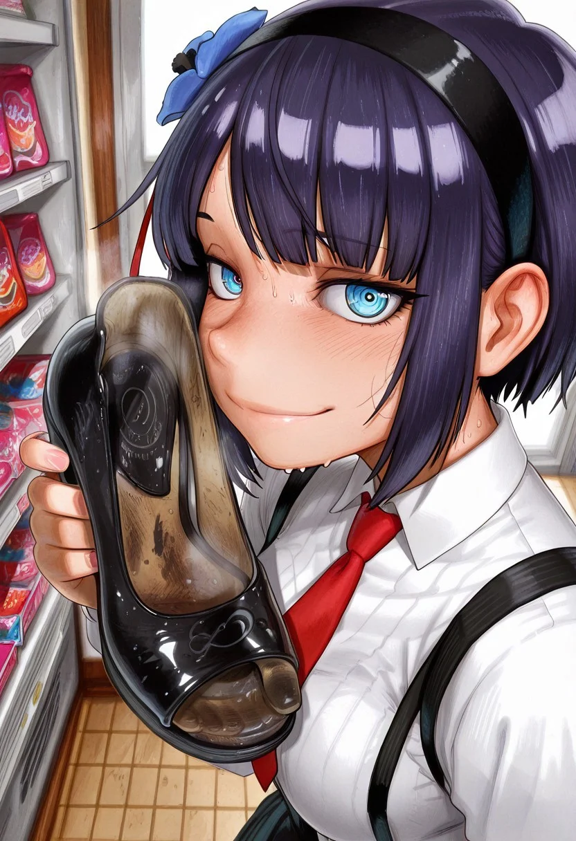 masterpiece, source_anime, close_up, upper_body_shot, 1girl, smile, , shoes removed, holding shoe, Hotaru, purple hair, hairband, suspenders, hair flower, hair ornament, necktie, suspender skirt, ringed eyes, blue eyes, hair flower, hair ornament, short hair, black shoe, high heels, looking at viewer, , looking_at_viewer, from above , , stinky shoe:1.9, steaming shoe:1.4, well worn shoe, filthy shoes:1.9, candy store, , steaming shoes, musk clooud from shoes, smelly shoes, holding shoe forward, worn heels:1.9, worn insoles, sweat stains, dirty shoes, dirty insoles, closeup, , indoor, sideview, , holding large shoes, ((sniff)), sniffing red shoes,