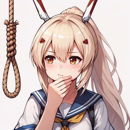 score_9,  score_7_up, BREAK,
<lora:Ayanami-ayanami_azur_lane-pony:1> ayanami_azur_lane, blonde hair, long hair, ponytail, hairpin, headgear, serafuku, 
 <lora:thinkingnoosev1:1>, thinkingnoose, noose, hand on own chin, solo, thinking, rope,
